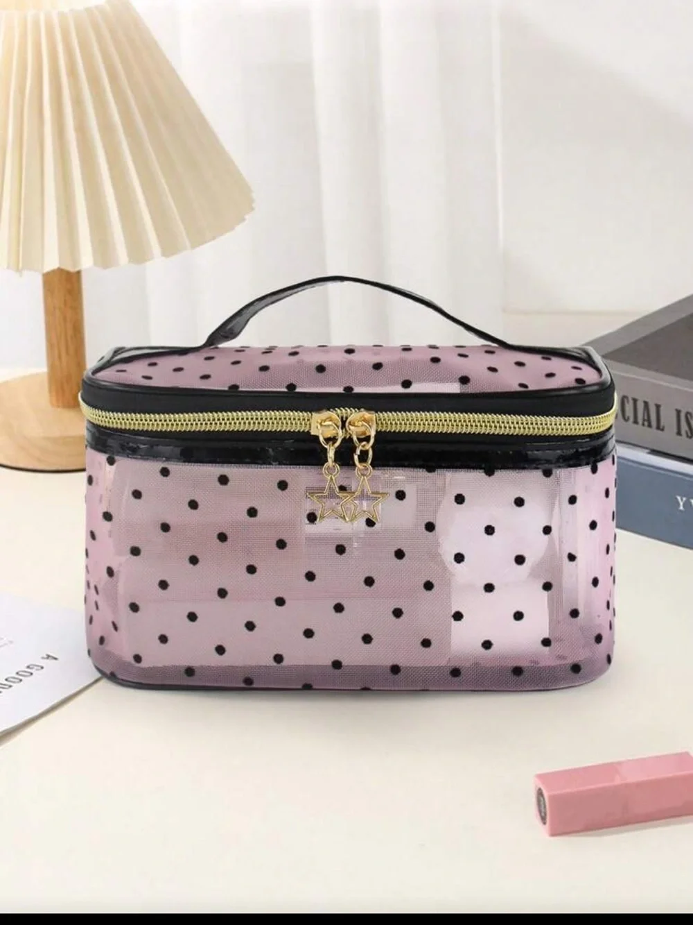 Pink Polka Dot Clear Cosmetic Bag with Star Zipper Pulls